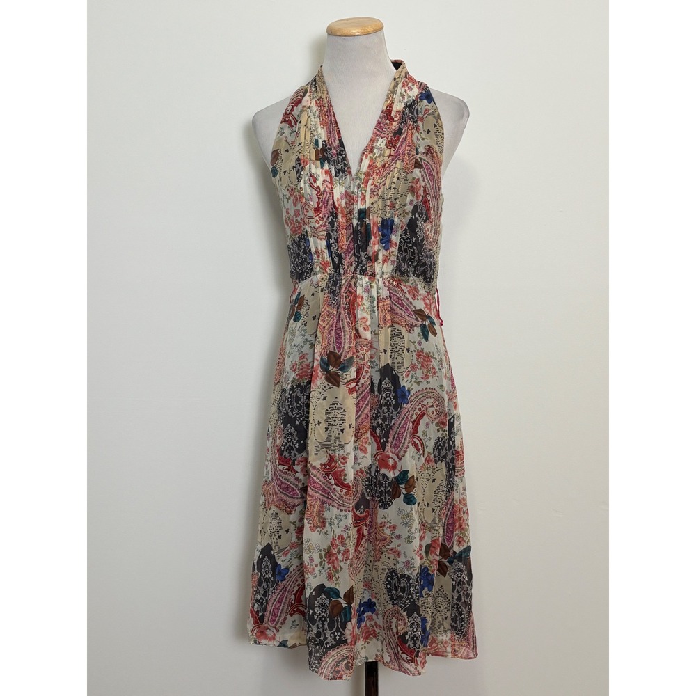 Adrianna Papell Silk Paisley Floral Sleeveless Dress 4 Sheer Boho Earthy Fairy